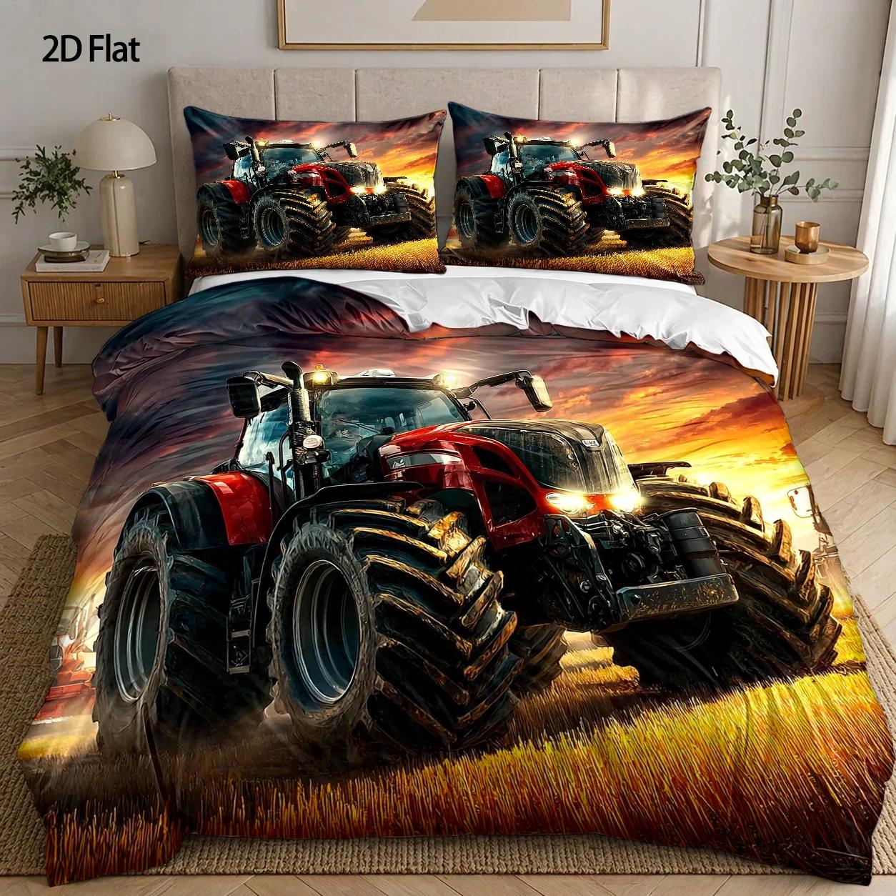 Agriculture Farming Cartoon - 3ピースキルトカバーセット、キルトカバー1枚+枕カバー2枚（中綿なし）、トラクター運転、リアルなスタイル、農業祭り、農具、野外作業、オールシーズン対応、洗濯機で洗える、多目的、自宅、寮、マスターベッドルーム、ゲストルーム、ベッド上での使用に最適