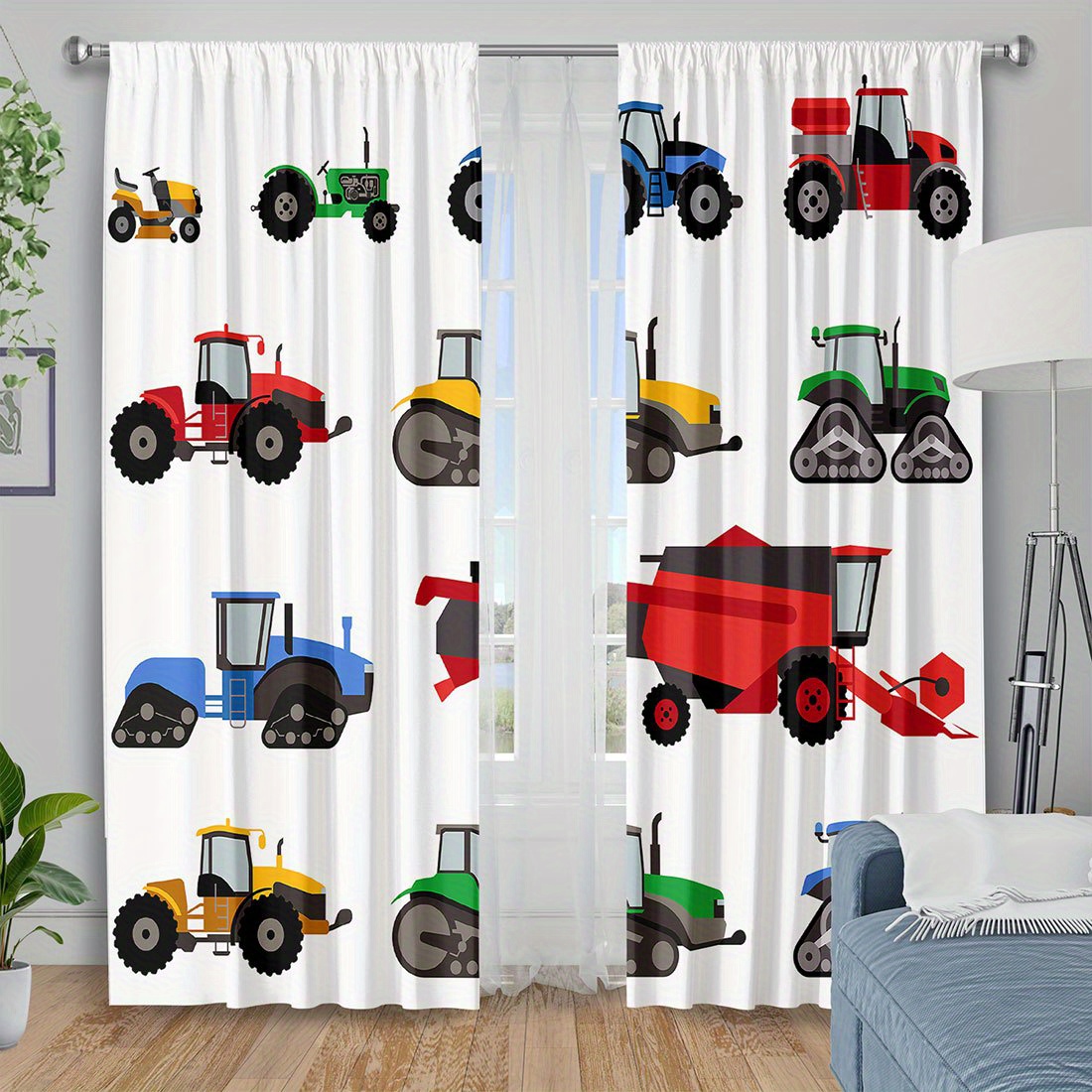 Agriculture Farming Cartoon - 漫画トラクターカーテン カラフルな農機具プリントドレープ、農業車両ウィンドウトリートメント 子供部屋保育園家庭用